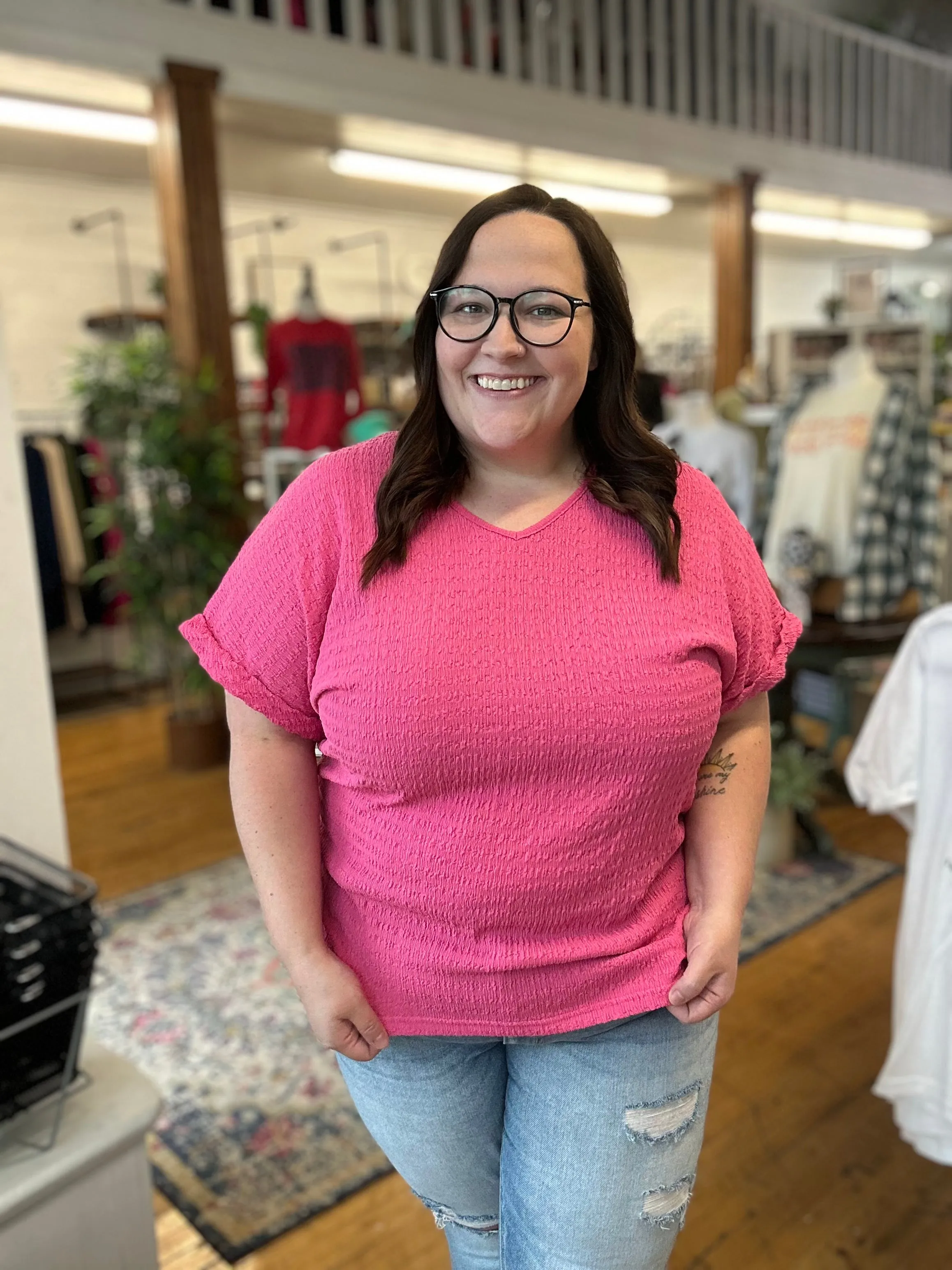 Bright Pink Textured V-Neck Blouse-Plus