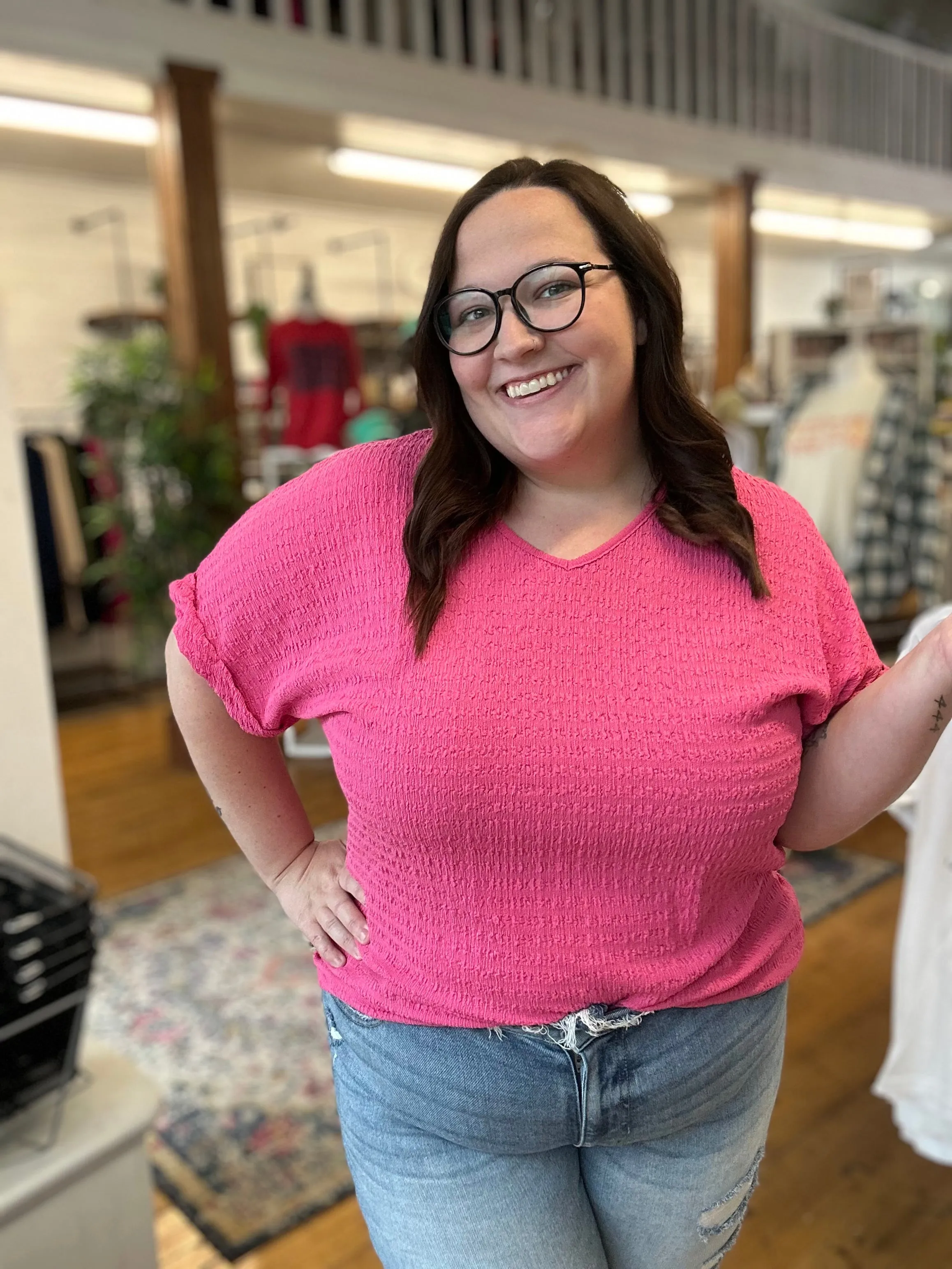 Bright Pink Textured V-Neck Blouse-Plus