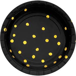 Bulk Black and Gold Foil Dot Paper Dessert Plates (96 per Case)