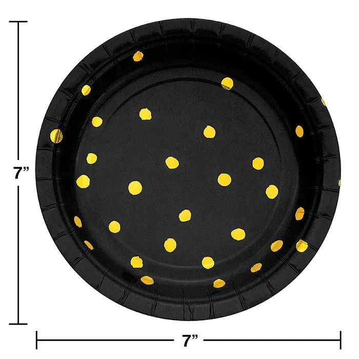 Bulk Black and Gold Foil Dot Paper Dessert Plates (96 per Case)