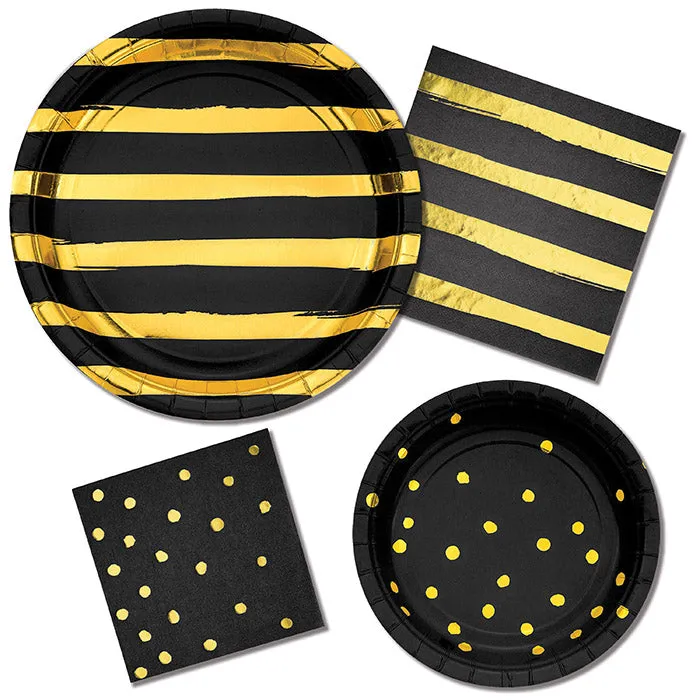 Bulk Black and Gold Foil Dot Paper Dessert Plates (96 per Case)