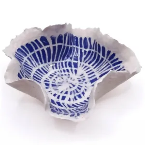 Frilled Porcelain Bowl with Cobalt Sgraffito Lines