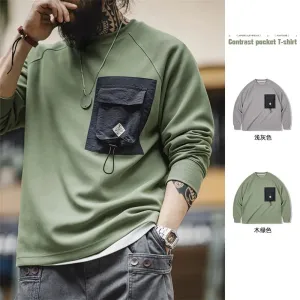 Mountain System Color Collision Pocket Long-sleeved T-shirt with Functional Wind and Round Neck