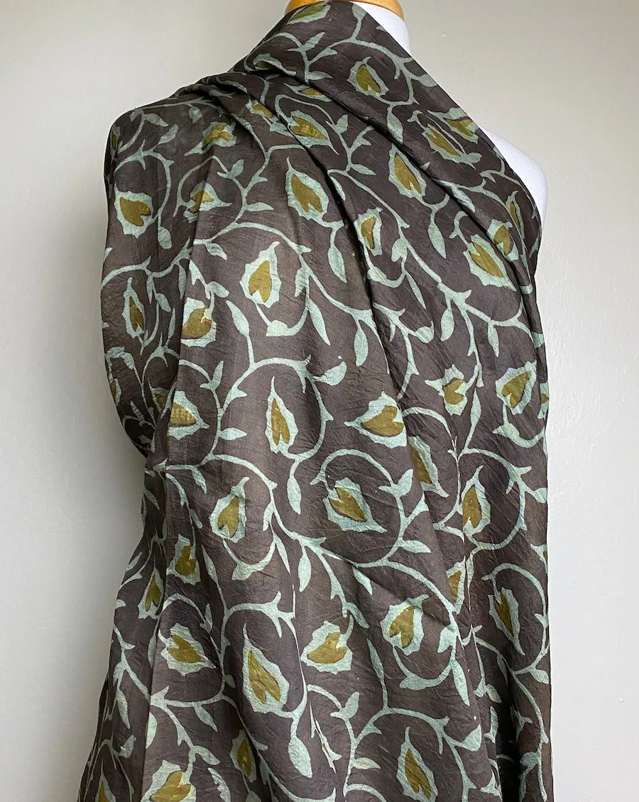 Mulberry Silk: Brown/Teal/Olive Hand Block Print By the Yard, from India  #TK-41