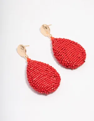 Red Textured Fabric Oval Drop Earrings