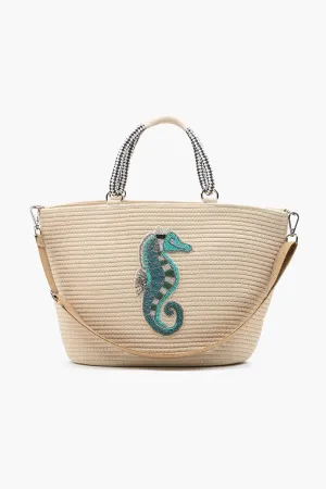 Sea Horse Embellished Large Jute Tote