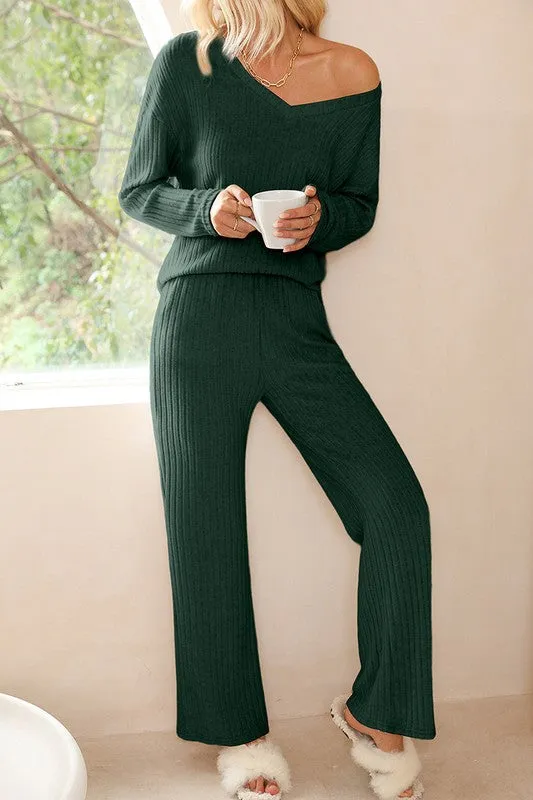 Women Ribbed Knit V Neck Slouchy Two-piece Outfit